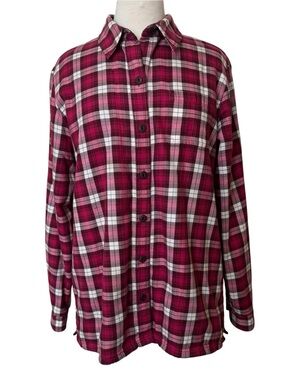 L.L. Bean Fleece Lined Pink Plaid Flannel Button Up Shirt Shacket Size Medium